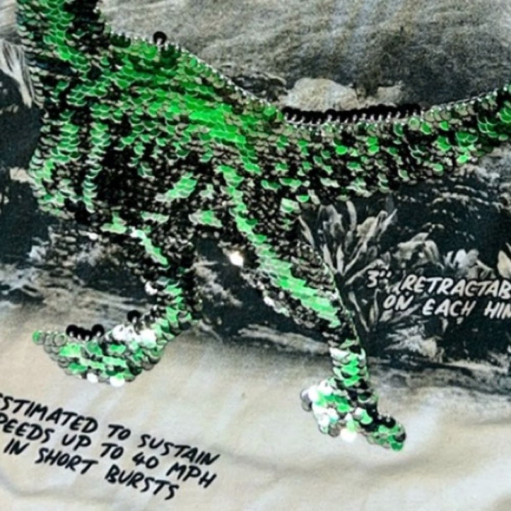 Kids White Raptor Graphic Tee with Green Sequin Dino - Picture 3 of 3